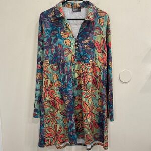 Isle Apparel Rainbow Tropical Floral Stained Glass Long Sleeve Tunic Dress Large